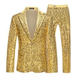 Men's Gold Sequin Slim Fashion Suit Two Piece Set, Stage Performance, Host Costume. Top+Pants