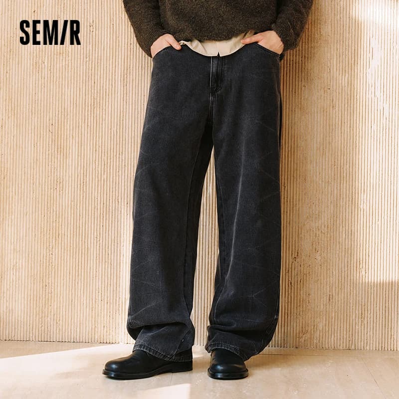 Semir Men Jeans Loose Curved Barrel Leg Retro Washed Street Casual Style Autumn Denim Pants Urban Daily Wear 2026