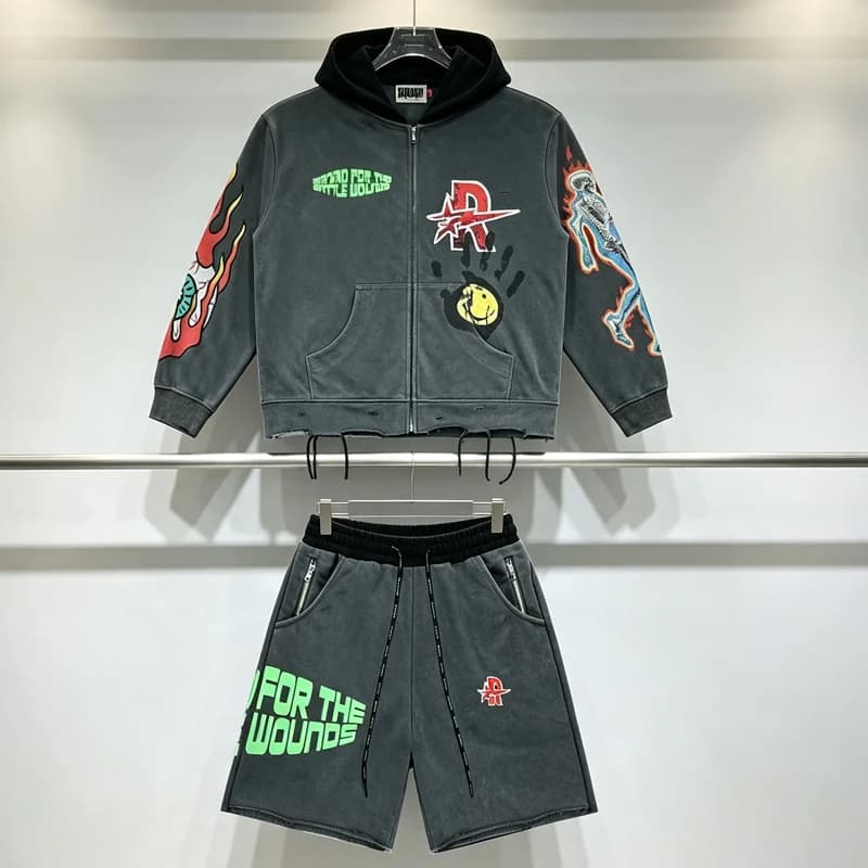 Men Street Hip Hop Retro Washed Black Rough Play Casual Sets American Style Skull Print Hooded Sweatshirt Shorts Two Piece Sets