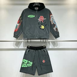 Men Street Hip Hop Retro Washed Black Rough Play Casual Sets American Style Skull Print Hooded Sweatshirt Shorts Two Piece Sets