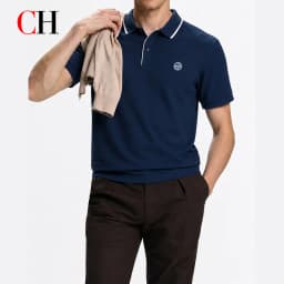 CH Men Single White Tipped Collar Short Sleeve Polo Shirt Round Rubber Badge Logo Left Chest Old Money Golf Office Daily Wear
