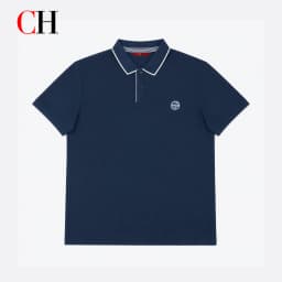 CH Men Single White Tipped Collar Short Sleeve Polo Shirt Round Rubber Badge Logo Left Chest Old Money Golf Office Daily Wear