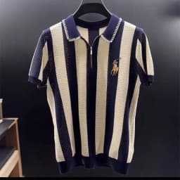 New Summer 2025 Breathable Slimming Collar Polo Striped Breathable Knitted Short Sleeve T-shirt for Casual Korean Men's Pullover
