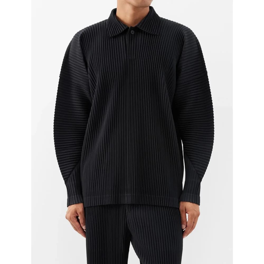 Miyake Pleated Men Polo Shirt Long-sleeved Lapel T Shirt Full Sleeves Breathable Casual Polo