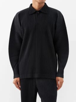 Miyake Pleated Men Polo Shirt Long-sleeved Lapel T Shirt Full Sleeves Breathable Casual Polo