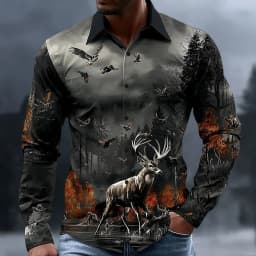 Retro Men's Reindeer Aztec Indian Culture Shirt Long Sleeve Shirt Casual Men's Deer Hunter Tops 3D Print Collared Shirt