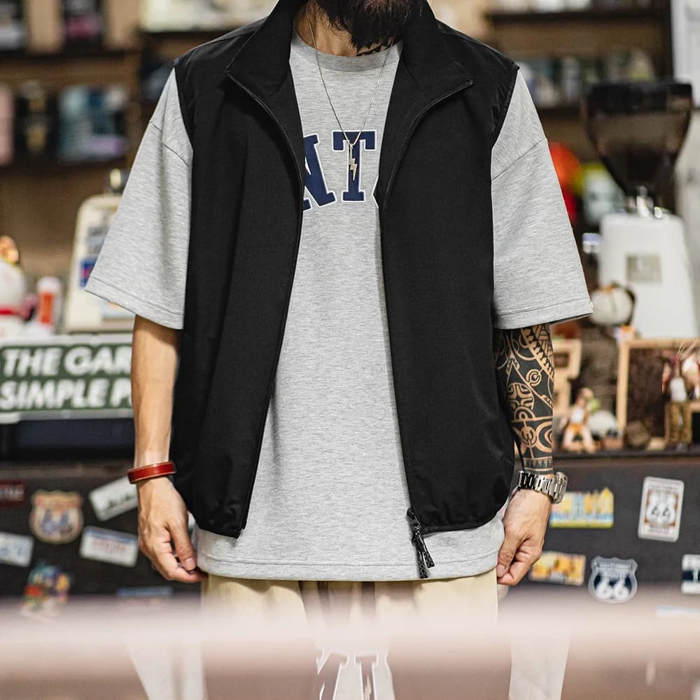 Maden Outdoor Men's Stand Collar Zip-Up Vest Lightweight Black Quick Dry Camping Fishing Waistcoat for Summer Sleeveless Jacket