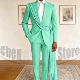 Fashion Men's Suit with Drape Detail Peak Lapel Blazer and Pants Chic Smart Casual Formal Wedding Party Prom Tuxedo 2 Piece