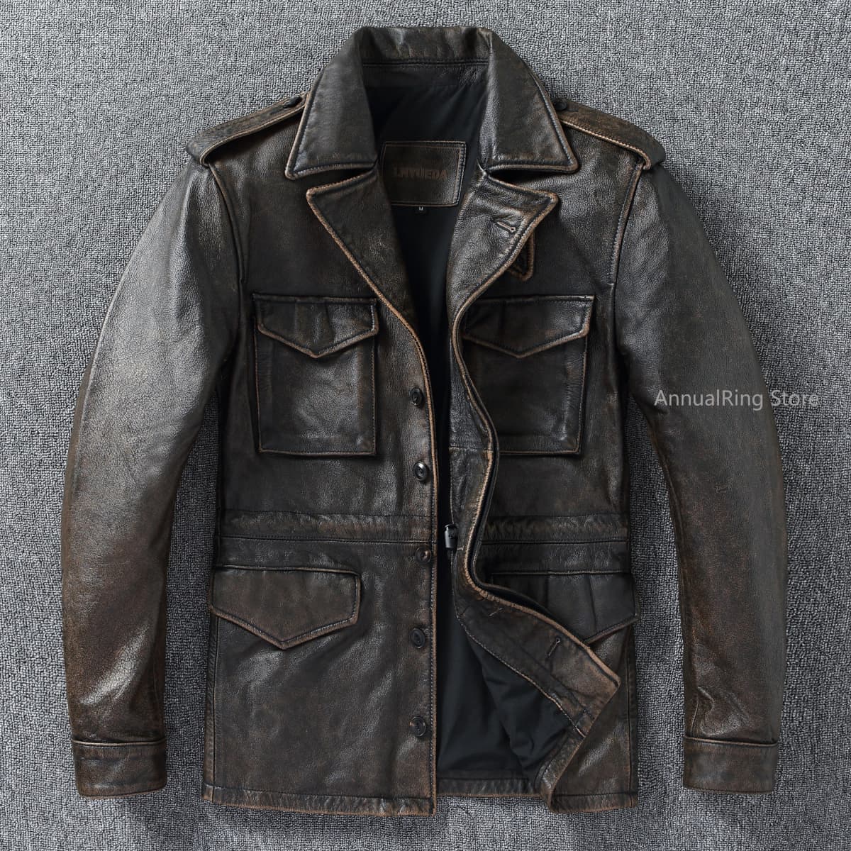 Classic M43 Trench Coat Cowhide Military Genuine Leather Jacket Medium and Long Multi-pocket Mens Vintage Leather Jacket
