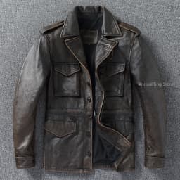 Classic M43 Trench Coat Cowhide Military Genuine Leather Jacket Medium and Long Multi-pocket Mens Vintage Leather Jacket