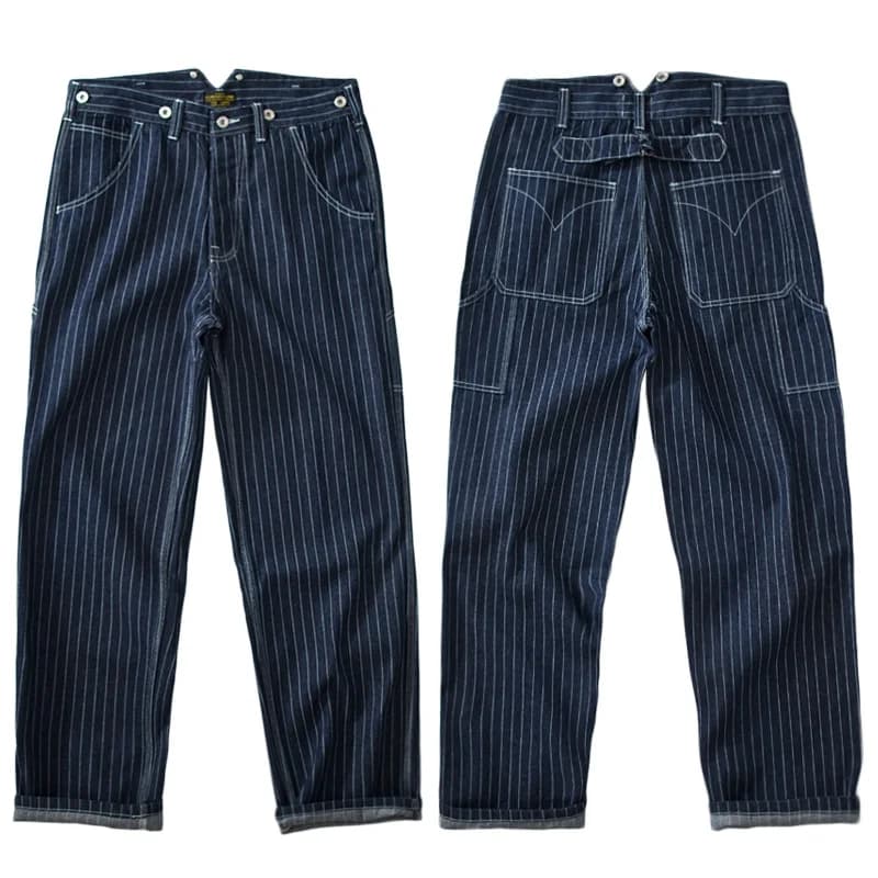 13.5oz Paris Buckle Vintage Vertical Striped Raw Blue Denim Jeans Men Amekaji Wide Leg Loose Straight Bib Suit Pants Handsome