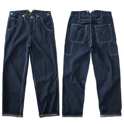 13.5oz Paris Buckle Vintage Vertical Striped Raw Blue Denim Jeans Men Amekaji Wide Leg Loose Straight Bib Suit Pants Handsome