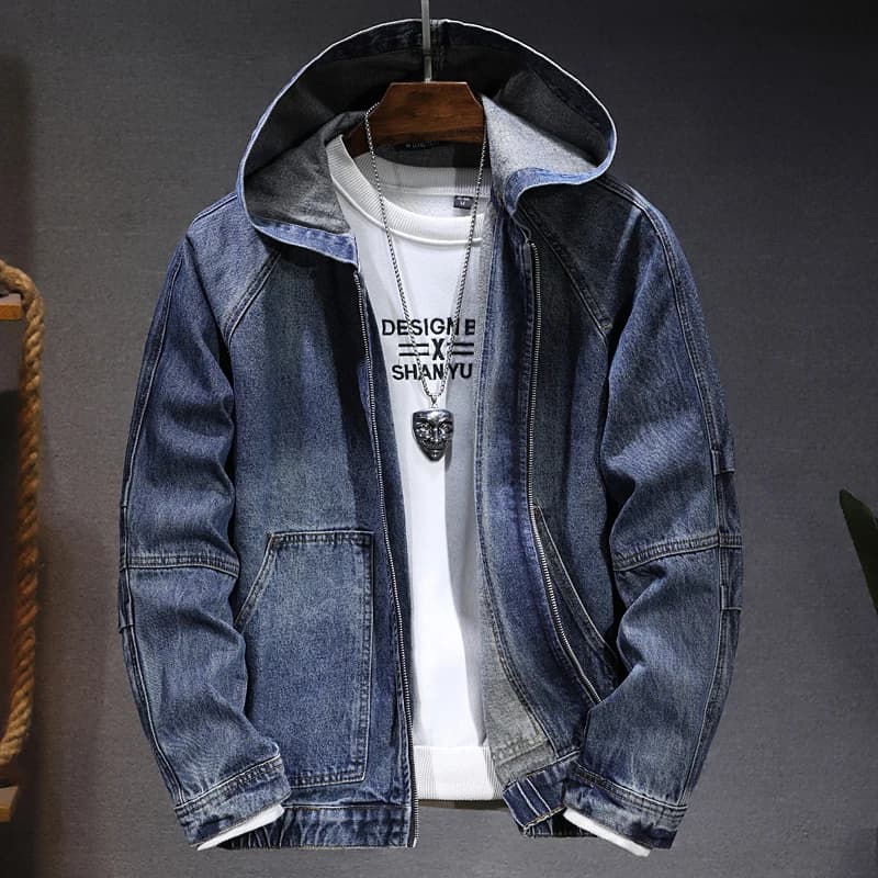 Men's hooded denim jacket jacket New spring, autumn and winter models Casual versatile blue zipper denim jacket for men