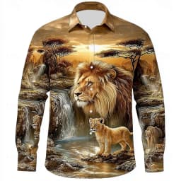 2025 Men's Animal Lion Nature Shirt Fashion 3D Printed Shirt Button Up Shirt Casual Long Sleeve Shirt Street Blouse for Mens