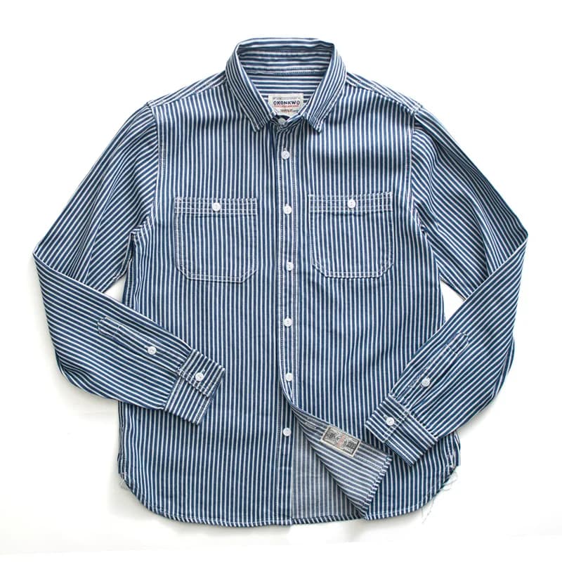 Heavyweight American Vintage Amekaji Shirt Amekaji 100% Cotton Blue White Vertical Stripe Workwear Shirt with Dual Chest Pockets