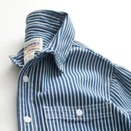 Heavyweight American Vintage Amekaji Shirt Amekaji 100% Cotton Blue White Vertical Stripe Workwear Shirt with Dual Chest Pockets