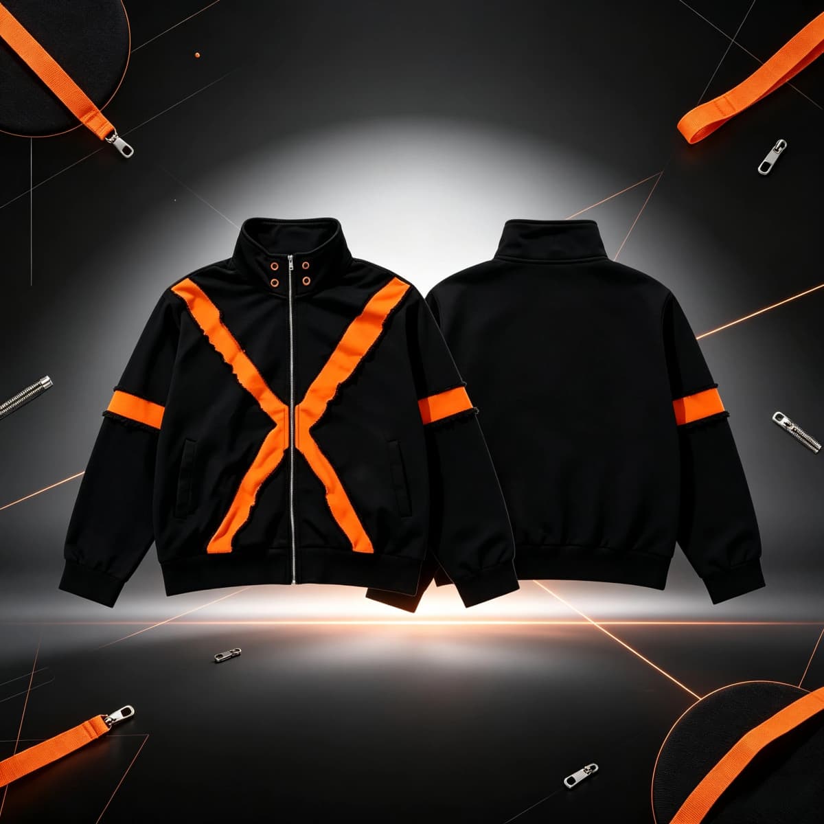 Men Jacket Y2K American Streetwear Zip Up Hoodie Splicing Raw Edge Cross X Pattern Stand Collar Hip Hop Track Coat New Trendy