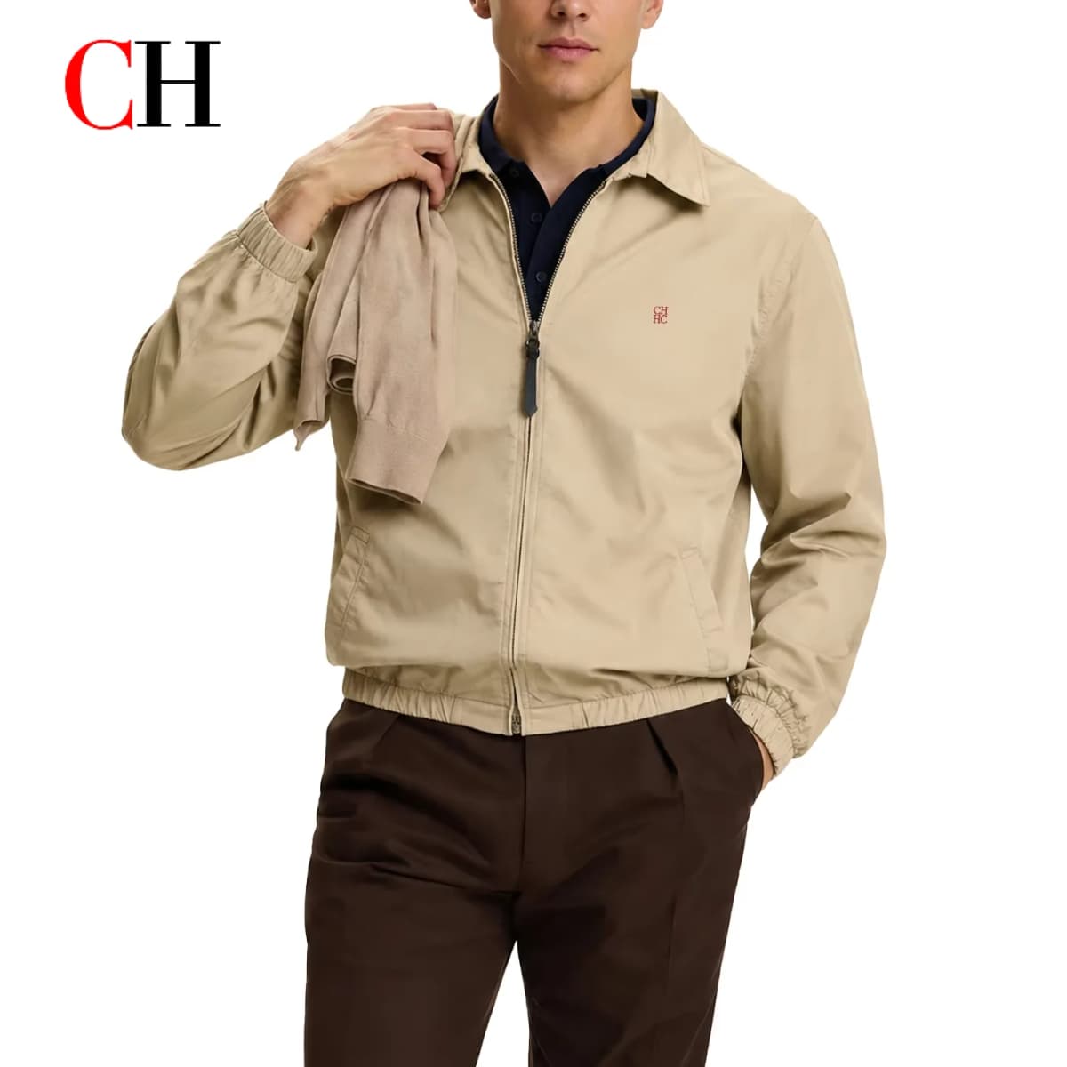 CH Mens Classic Point Collar Full Zip Subtle Chest Emblem Embroidery Elastic Hem Harrington Jacket Everyday All Match Outerwear