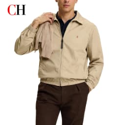 CH Mens Classic Point Collar Full Zip Subtle Chest Emblem Embroidery Elastic Hem Harrington Jacket Everyday All Match Outerwear