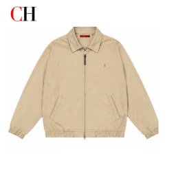 CH Mens Classic Point Collar Full Zip Subtle Chest Emblem Embroidery Elastic Hem Harrington Jacket Everyday All Match Outerwear