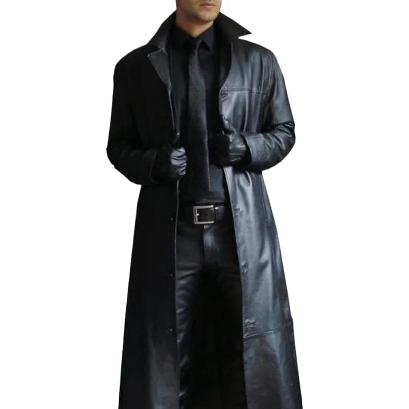 KIDWHXR Man Leather Trench Coat Autumn Turn Down Collar Windproof Men Jacket Streetwear Slim Long Sleeve Man Windbreaker