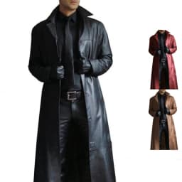 KIDWHXR Man Leather Trench Coat Autumn Turn Down Collar Windproof Men Jacket Streetwear Slim Long Sleeve Man Windbreaker