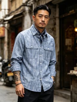 Japanese Vintage Kasuri Weave Work Shirt for Men 2026 Autumn Retro Amekaji Rain Pattern Long Sleeve Shirt OKONKWO