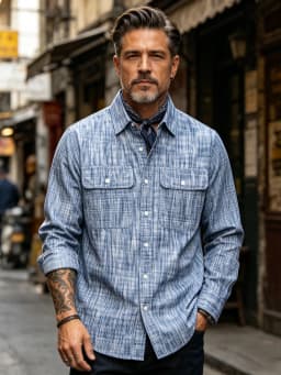 Japanese Vintage Kasuri Weave Work Shirt for Men 2026 Autumn Retro Amekaji Rain Pattern Long Sleeve Shirt OKONKWO