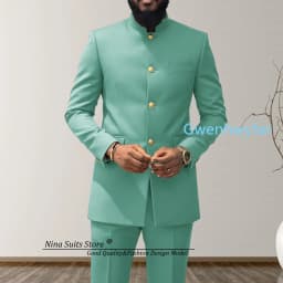 G&N 2027 Men's African Style Suit 2-Piece Set Stand Collar Peacock Blue Elegant Men's Party Jacket And Pants Customizable Size