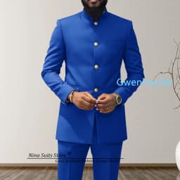 G&N 2027 Men's African Style Suit 2-Piece Set Stand Collar Peacock Blue Elegant Men's Party Jacket And Pants Customizable Size