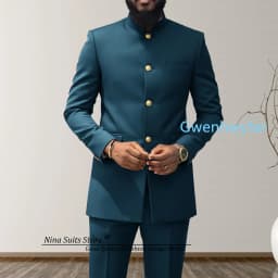 G&N 2027 Men's African Style Suit 2-Piece Set Stand Collar Peacock Blue Elegant Men's Party Jacket And Pants Customizable Size