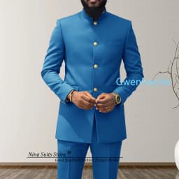 G&N 2027 Men's African Style Suit 2-Piece Set Stand Collar Peacock Blue Elegant Men's Party Jacket And Pants Customizable Size