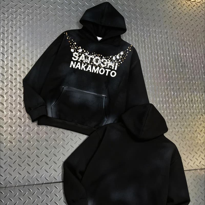 Vintage Distressed Trend Diamond Studded Satoshi Nakamoto Hooded Sweatshirt Men Women New High Street Fashion Hip Hop Pullover
