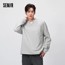 Semir Men Tshirt Long Sleeve Half Placket Textured Crew Neck Knit 2026 Autumn Couple Letter Print Casual Top Daily Wear