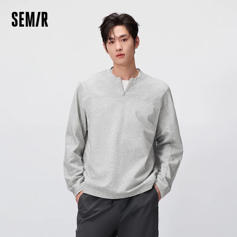 Semir Men Tshirt Long Sleeve Half Placket Textured Crew Neck Knit 2026 Autumn Couple Letter Print Casual Top Daily Wear
