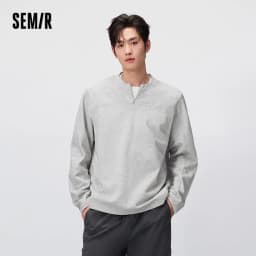 Semir Men Tshirt Long Sleeve Half Placket Textured Crew Neck Knit 2026 Autumn Couple Letter Print Casual Top Daily Wear