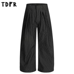 Pleated Striped Casual Pants Mens Retro Autumn Winter Baggy Wide Leg Pants Man Trousers