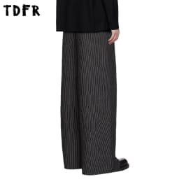 Pleated Striped Casual Pants Mens Retro Autumn Winter Baggy Wide Leg Pants Man Trousers