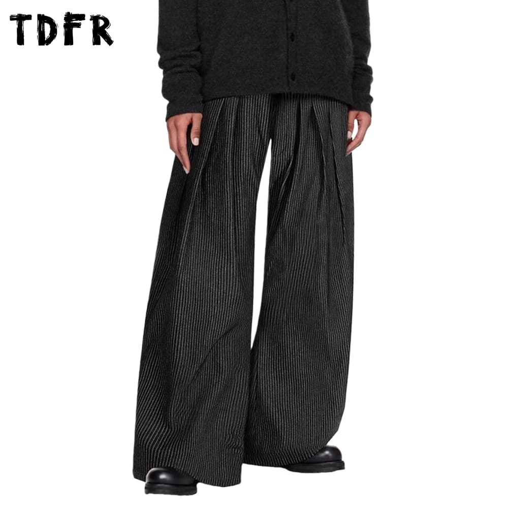 Pleated Striped Casual Pants Mens Retro Autumn Winter Baggy Wide Leg Pants Man Trousers