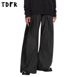 Pleated Striped Casual Pants Mens Retro Autumn Winter Baggy Wide Leg Pants Man Trousers