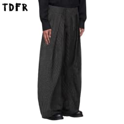 Pleated Striped Casual Pants Mens Retro Autumn Winter Baggy Wide Leg Pants Man Trousers