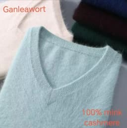 Men's 100% Pure Mink Cashmere Sweater V-Neck Pullover Sweater Knitted Sweater Autumn Winter New Long Sleeved High-end Loose Tops