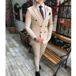 2026 New Beige Men's Suit 2 Pieces Double Breasted Notch Lapel Flat Slim Fit Casual Tuxedos For Wedding(Blazer+Pants)