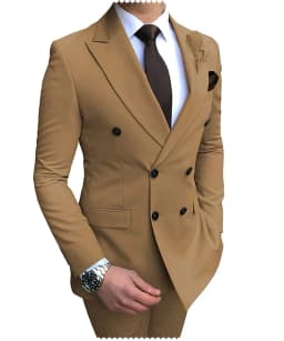 2026 New Beige Men's Suit 2 Pieces Double Breasted Notch Lapel Flat Slim Fit Casual Tuxedos For Wedding(Blazer+Pants)