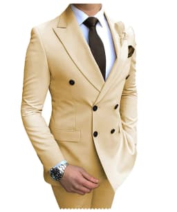 2026 New Beige Men's Suit 2 Pieces Double Breasted Notch Lapel Flat Slim Fit Casual Tuxedos For Wedding(Blazer+Pants)