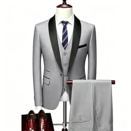 ( Jacket + Vest + Pants ) Men's 3 Piece Tuxedo Suit Set, Beige Blazer with Black Shawl Lapel for Wedding, Groom, Formal Party