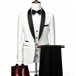 ( Jacket + Vest + Pants ) Men's 3 Piece Tuxedo Suit Set, Beige Blazer with Black Shawl Lapel for Wedding, Groom, Formal Party