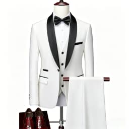 ( Jacket + Vest + Pants ) Men's 3 Piece Tuxedo Suit Set, Beige Blazer with Black Shawl Lapel for Wedding, Groom, Formal Party