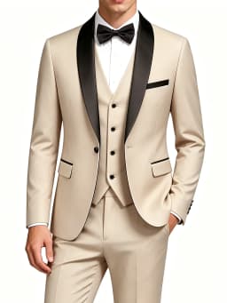 ( Jacket + Vest + Pants ) Men's 3 Piece Tuxedo Suit Set, Beige Blazer with Black Shawl Lapel for Wedding, Groom, Formal Party