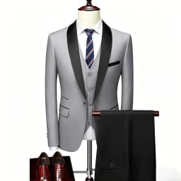 ( Jacket + Vest + Pants ) Men's 3 Piece Tuxedo Suit Set, Beige Blazer with Black Shawl Lapel for Wedding, Groom, Formal Party